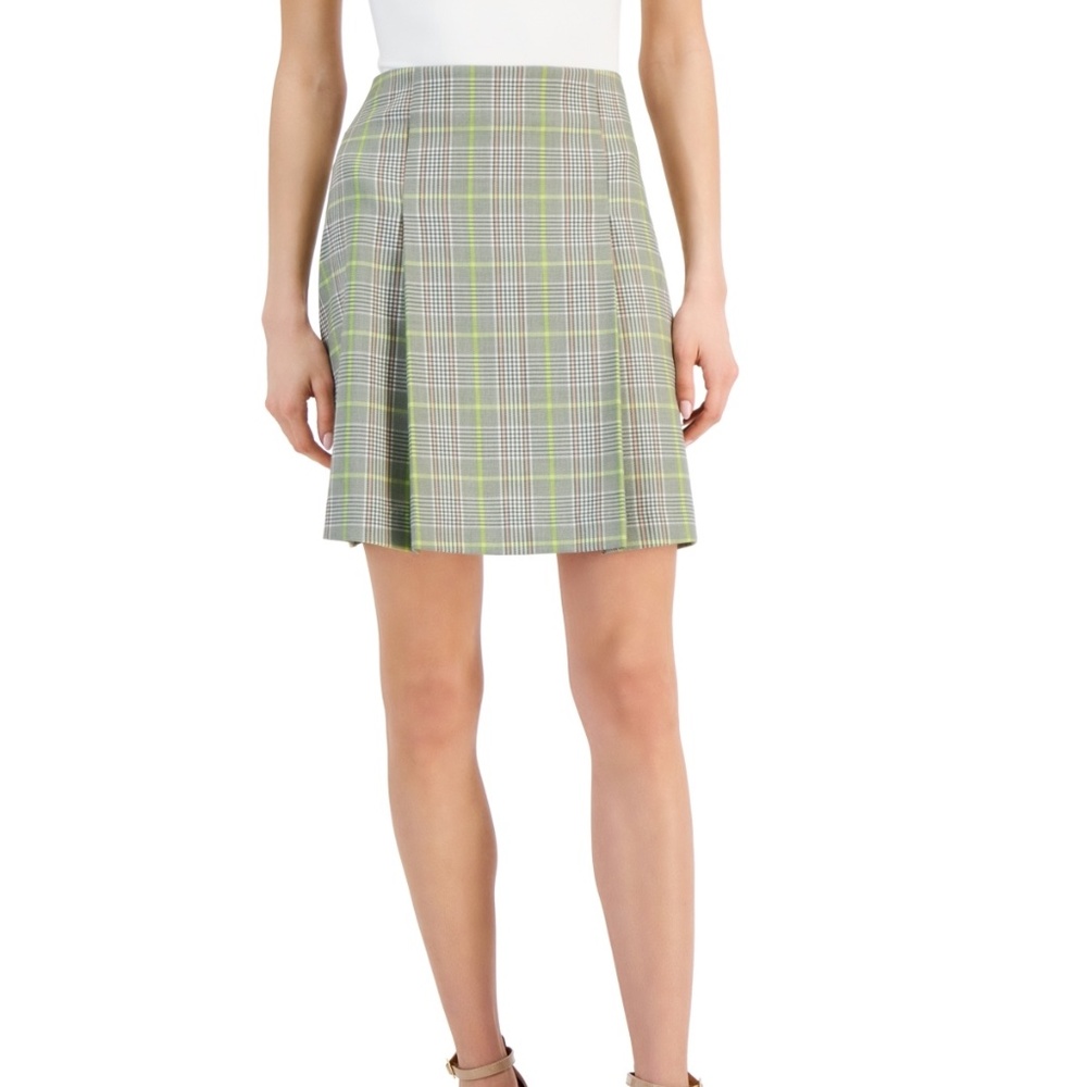 Tahari Asl Women's Pleat-Front Plaid Skirt - Avocado/Lime. 16
